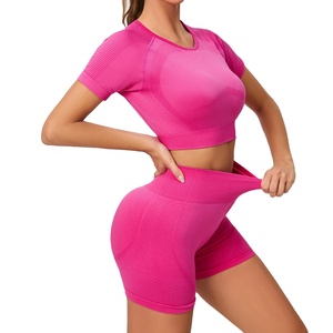 Nouvel arrivage Ensemble de yoga 2 pièces de haute qualité à taille moyenne pour femmes, respirant, manches courtes, logo avant personnalisé, fermeture élastique solide - Product Image 3