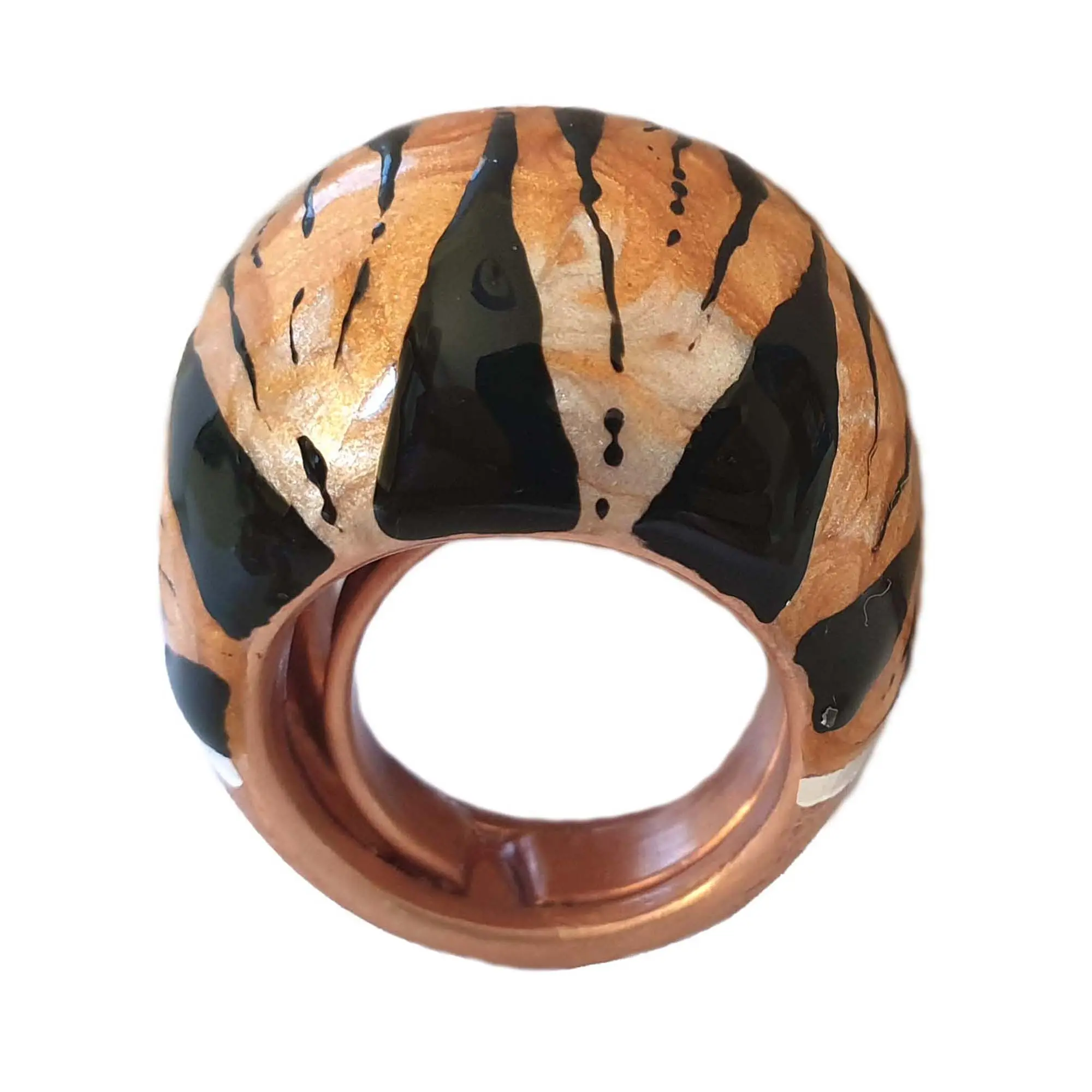 Rose gold plated silver ring ring of large proportions hand-decorated in the colors of the tiger