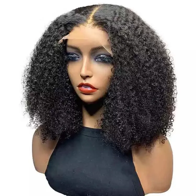 Raw cambodian kinky curly human hair wigs lace frontal short black curly bob wig closure afro wigs for black women human hair