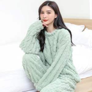 Pijamas de Invierno de Dos Piezas para Mujer, de Felpa Coral, Transpirables, con Cierre de Cordón, de Poliéster, Ropa de Dormir para el Hogar - Product Image 1