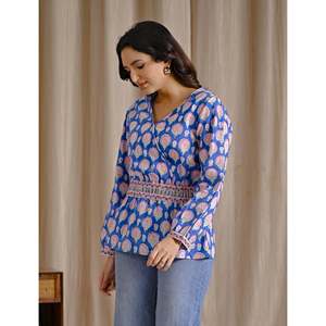 Haut court formel bleu en coton imprimé à la main pour femme, en tissu popeline, motif floral brodé, tailles XS à XL, col montant - Product Image 3