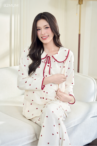 Ensemble de pyjama de maternité en lin à manches longues B2 MUM B869 Motif cœur rouge Bordure rouge Col Peter Pan Doux Léger Respirant - Product Image 6