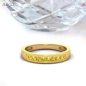 半永恒堆叠戒指天然黄色蓝宝石2毫米圆形切割宝石带14k金色精致带精品珠宝制造商