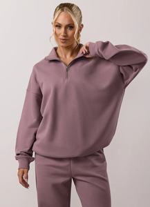 Conjunto de sudadera y pantalones deportivos de felpa color malva para mujer, con cuello alto y media cremallera, cálido y suave para estar en casa o viajar - Product Image 4