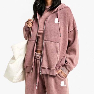 Vente en gros Vintage Acid Wash 2 en 1 Heavyweight Winter Sweat à capuche zippé pour femme 100% coton - Product Image 6