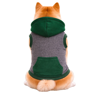 <b>Grey</b> and Green Zip Dog Hoodie Soft <b>Fleece</b> Sleeveless Pet Hoodie <b>Jacket</b> with Contrast Pocket - Product Image 2