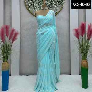 นักออกแบบใหม่ผู้หญิงงานแต่งงานสวมใส่ผ้าซิ่น Georgette นุ่มด้วยงานเย็บปักถักร้อยและลําดับงานสารีพร้อมเสื้อแฟนซีชิ้นชุดสูทอินเดีย - Product Image 3