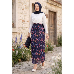 Navy Blue Bohemian Style Floral <b>Elastic</b> Waist Chiffon Tulle <b>Skirt</b> with Print Decoration - Product Image 1
