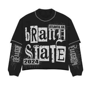 Custom High Quality Double <b>Layered</b> Long Sleeves Screen Printed T Shirt 100% Cotton Rhinestone <b>Top</b> Selling Men's T Shirts - Product Image 5