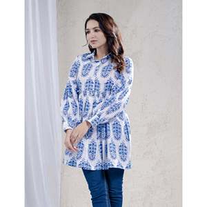 Top Azul de Algodón con Estampado Butta Block Transpirable, Cintura Imperio, Estilo Casual - Product Image 3