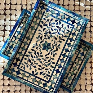 Plateau de service rond en os incrusté artisanal de luxe avec motif floral et feuille complexe, table basse décorative par f s i - Product Image 6