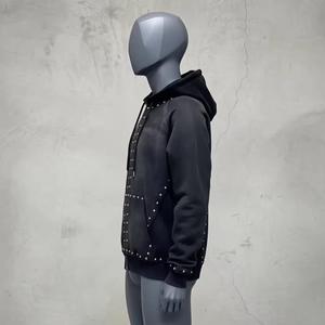 Quality Custom Logo Y2K Vintage Acid Wash Rhinestone Winter 100% Cotton Hoodie <b>Men</b> 500GSM Heavyweight Oversized Zip <b>Pullover</b> - Product Image 3