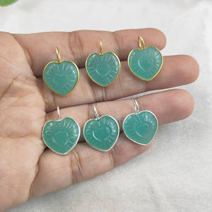Aqua Chalcedony <b>Heart</b> Shape Gemstone Carved Pendant Gold Vermeil Fine Jewelry <b>Necklace</b> Making Accessories Wholesale Suppliers - Product Image 3