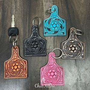 Porte-clés en cuir de vachette artisanal, motif western, turquoise, sculpté, accessoire pour sacs et clés - Product Image 1