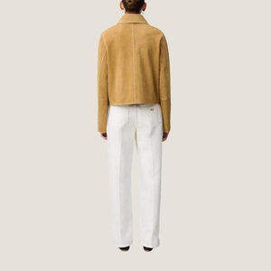 Fabrication personnalisée de blazer en peau de mouton pour femmes d'automne vert daim teint uni motif solide coupe-vent double boutonnage printemps - Product Image 4