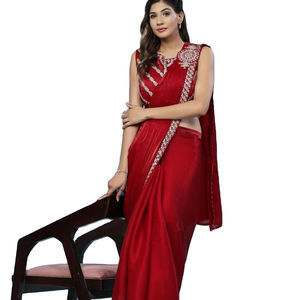 El último Sari listo para usar con bordado de seda satinada de diseñador por Fab Zone Indian & Pakistani Clothing - Product Image 1