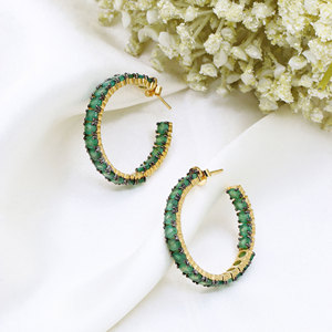 Memoria Jewels Trendy Natural Emerald Gemstone Open <b>Hoops</b> Sterling <b>Silver</b> Gold Plated Earrings GIA Certified High Quality - Product Image 2