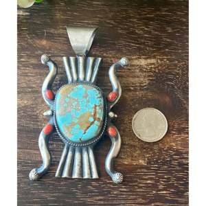 Handmade Ethnic Religious Style Chimney Butte #8 Turquoise & Coral Bezel Setting Pendant <b>Charm</b> Pendants Sterling <b>Silver</b> - Product Image 3