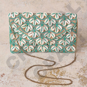 Handmade Cherry Embroidered Striped Clutch Bag With Chain Strap Rectangular Shape Textile Material - Product Image 2
