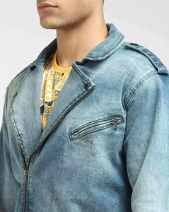 Chaqueta vaquera con bolsillo y cremallera para hombre, chaqueta vaquera hecha de algodón de tela, ropa de calle, chaqueta vaquera para hombre - Product Image 4