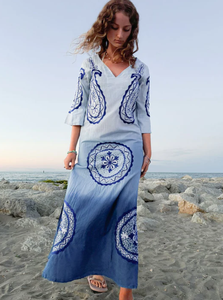 New Arrival <b>Summer</b> Tie Dye Work Long <b>Dress</b> for Women V-Neck Embroidered Three Quarter Sleeves <b>Beach</b> Resort Wear - Product Image 3