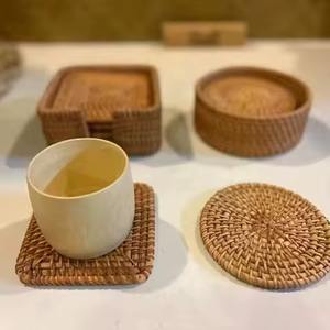 Handwoven Rattan Coaster Set Rustic Round Coasters for <b>Table</b> <b>Protection</b> Eco Friendly Style for Home Kitchen or Cafe - Product Image 1