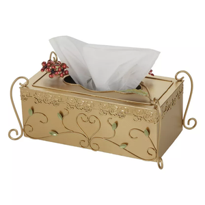 Dispensador de pañuelos de papel de oro brillante adornado con adornos de rosas azules y púrpuras esculpidas, disponible a precios al por mayor. - Product Image 2