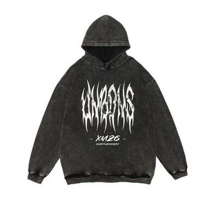 เสื้อฮู้ดผู้ชายผ้าฝ้าย100% 450 GSM สีดำซีดกรดว่างเปล่ามีฮู้ดพิมพ์ลายวินเทจสำหรับฤดูหนาว - Product Image 1