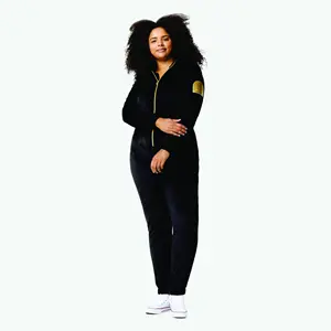 100% Polyester One Way Zipper Opening Front Kangaroo Pocket Black Women Alps Soft Velvet Fitted Jumpsuit
