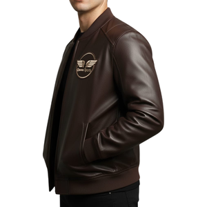 Blouson aviateur en cuir unisexe marron foncé avec broderie personnalisée, col rabattu, toile enduite, respirant et coupe-vent de qualité supérieure - Product Image 3