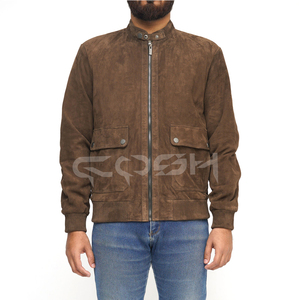 Chaqueta unisex de cuero de gamuza marrón oscuro con cuello alto estilo bomber, con bolsillos con solapa y cierre frontal. |   Fabricante Mayorista - Product Image 3