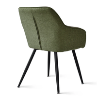 Chaise de salle à manger moderne verte avec dossier et accoudoirs solides, assise rembourrée en tissu et structure en métal noir pour salle à manger et salon