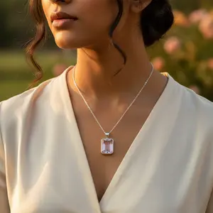 Pendentif en argent 925 avec quartz rose pour femmes, bijoux élégants en pierres précieuses avec breloques en cristal - Product Image 2