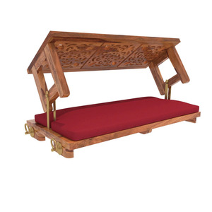 Wooden Hanging Swing <b>Bench</b> With Red <b>Cushion</b> Rustic Carved Backrest Indoor Outdoor Living Room Furniture Jhoola Design - Product Image 4