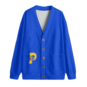 Cárdigan de lana de punto con botones y cuello en V azul Unisex bordado personalizado P o cualquier logotipo de letra para ropa universitaria/de equipo - Product Image 1