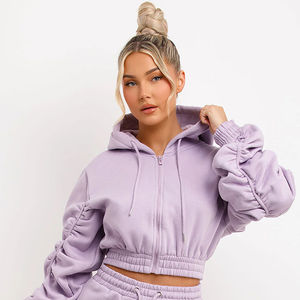 Alta calidad personalizado Zip up Crop Women Hoodie impreso bordado elegante logo tela sólida Top crop Set - Product Image 4