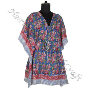 100% coton femmes vêtements de nuit main bloc imprimé caftan robe KFCS100 poids léger femmes décontracté Occasion porter court Caftan robe - Product Image 4