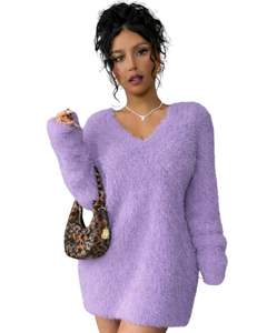 Customized Lavender Purple Fuzzy Knit Sweater <b>Dress</b> Women V Neck <b>Long</b> Sleeve Soft Plush <b>Winter</b> Warm Fashion OEM Custom Wholesale - Product Image 1