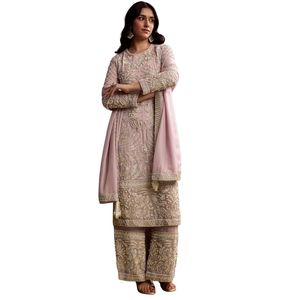 Costume de palazzo en organza rose bébé avec zari et moti travail vente en gros vêtements ethniques pour femmes OEM usine de vêtements fournisseur en vrac mode - Product Image 1