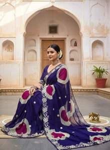 Sari de georgette puro con estampado Sibori Bandhani de Jodhpur y hermoso trabajo Pita en el pallu y borde con trabajo Butti en el sari - Product Image 3