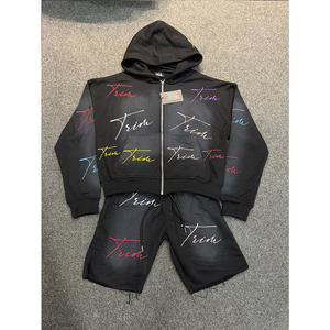Custom Cotton Fleece Full Zip up <b>Rhinestone</b> Casual Men's Hoodie & Shorts Set Autumn Quick Dry High Quality Wholesale - Product Image 3