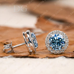 <b>Blue</b>-Colored 3.51Ct Moissanite Diamond Cluster Bezel Setting Halo <b>Stud</b> <b>Earrings</b> Silver Engagement Wedding Anniversary Party Gift - Product Image 2