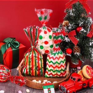 100 pièces par lot, sacs cadeaux en cellophane biodégradable, motifs Père Noël, sapin de Noël, élan (matériau BOPP/PE) pour Noël - Product Image 1