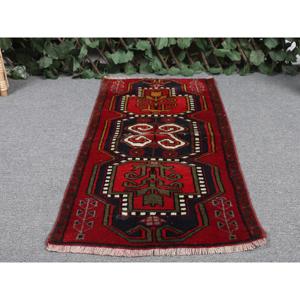 พรมตุรกีวินเทจขนาดเล็ก 1.5x2.9 ฟุต พรมขนสัตว์สีแดงลายอิคัต - Product Image 4