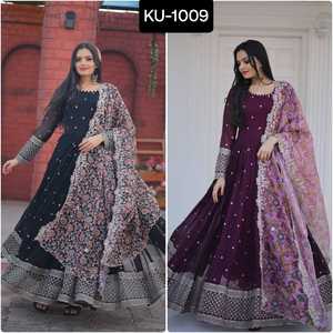 Vestidos Anarkali Tradicionales de Estilo Indio, Dupatta de Organza, Bordado Floral Falso con Hilos, Lentejuelas y Trabajo de Zari, Estilo Indio Pakistaní - Product Image 3
