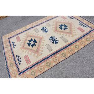 Alfombra clásica Beige Black Kilim 5,1X7,5 pies Tejido plano de lana hecho a mano con diseño Jacquard Estilo de retazos para pasillo Rectángulo - Product Image 2