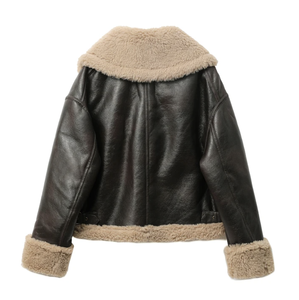 Chaquetas de mujer moda gruesa cálida Piel de invierno Faux cuero recortada chaqueta abrigo Vintage manga larga Mujer prendas de vestir exteriores Tops - Product Image 2