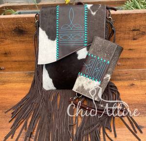 Western Boot Stitch Hair On cuero de vaca flecos bandolera y bota Stitch cuero de vaca genuino muñequera cartera conjuntos combinados - Product Image 1