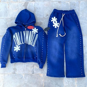 Classic Zipper Style <b>Rhinestone</b> Tracksuit Set Soft <b>Fabric</b> Lounge Wear Cotton Wear <b>Rhinestone</b> Tracksuit - Product Image 1