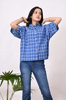 Chemisiers décontractés 100 % coton pour femmes, collection Printemps-Été 2025, col en V, imprimé à carreaux, manches longues et larges, bleu, boutonnés, respirants